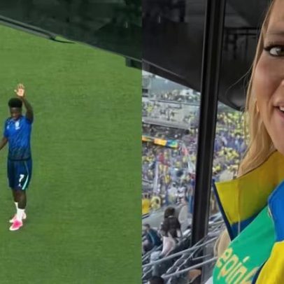Vini Jr acena para Virginia Fonseca do gramado durante Brasil x Haiti na Copa