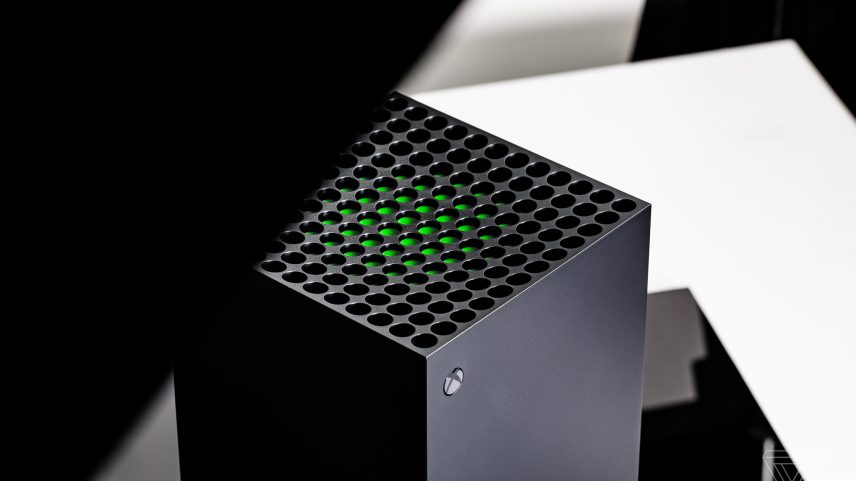 Picture of the Xbox Series X, showing its power button and vent.