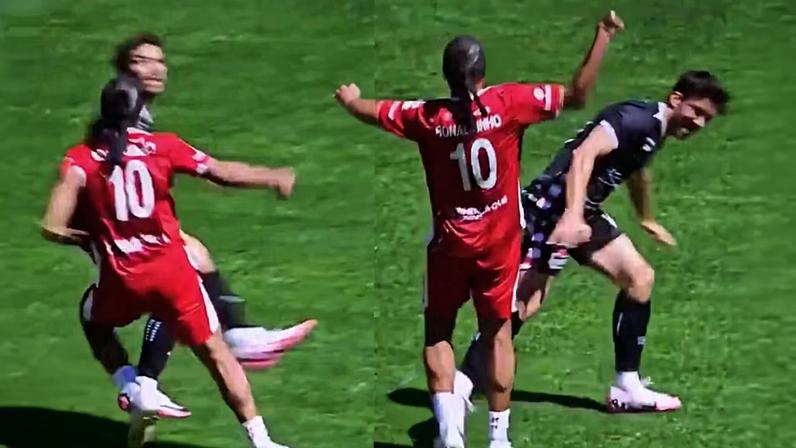 Ronaldinho dá chapéu em Pierre Gasly durante partida beneficente em Mônaco — Foto: Reprodução