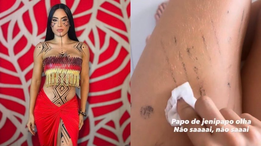 Isabelle Nogueira mostra perrengue para remover grafismo — Foto: Reprodução | Instagram