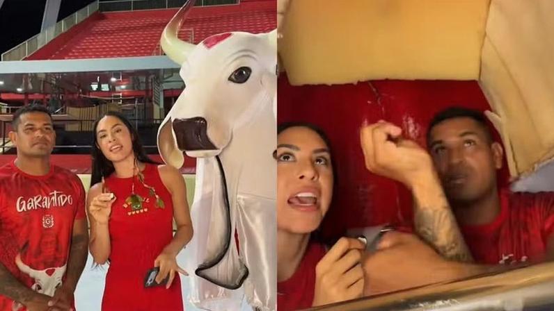 Isabelle Nogueira, 11 anos no Garantido, explica mecanismos do boi de pano