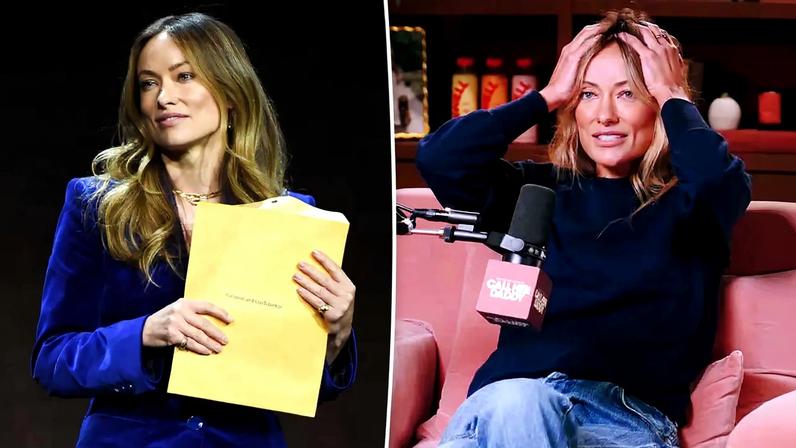 Olivia Wilde on the "Call Her Daddy" podcast, holding her head in her hands, looking distressed.