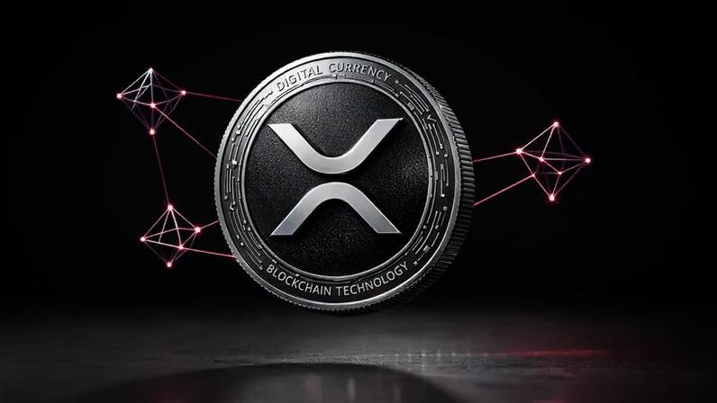 XRP cryptocurrency coin with network nodes and purple gradient lighting on white studio background
