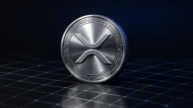 XRP cryptocurrency coin in studio lighting with purple-magenta gradient and blockchain grid overlay