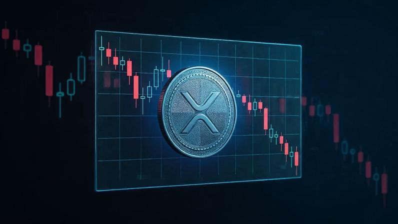 XRP cryptocurrency coin with holographic price chart showing downward trend in studio lighting