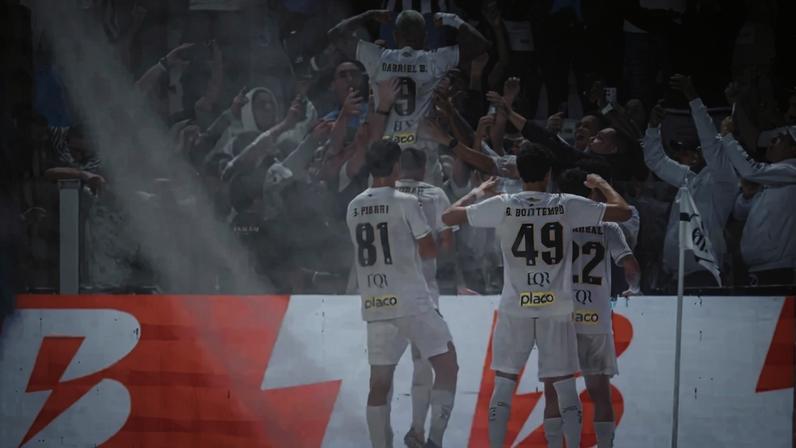 Equipe do Santos comemorando o gol de Gabigol com a torcida santista - (Crédito: Raul Baretta/ Santos FC)