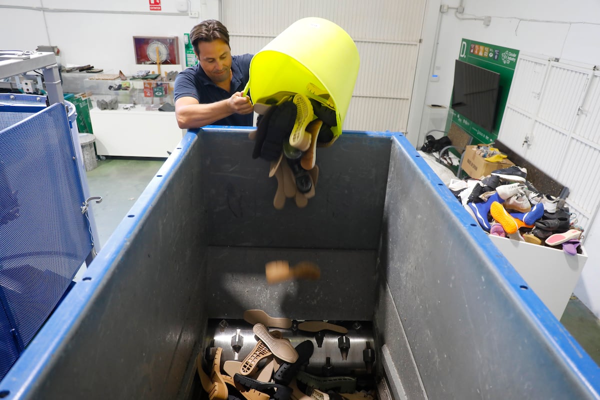 Vicente Rocamora, técnico de sustentabilidade da planta de reciclagem de calçado da Inescop, em Elda, deposita solas de sapatos na trituradora. (Foto: Joaquín de Haro)