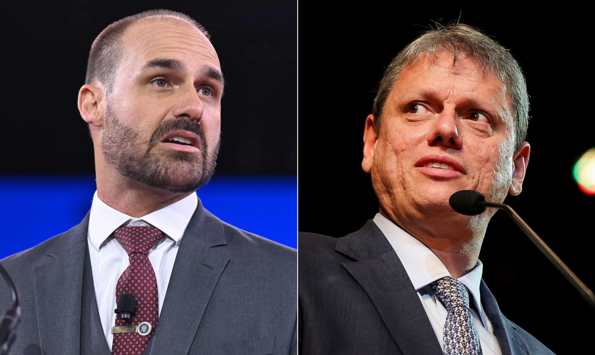 Bolsonaro apoia Eduardo na disputa com Tarcísio e reafirma sua posição política Deputado federal licenciado Eduardo Bolsonaro (PL-SP) e o governador de São Paulo, Tarcísio de Freitas (Republicanos) (Foto: Saul Loeb/AFP e Pablo Jacob/Governo de São Paulo)