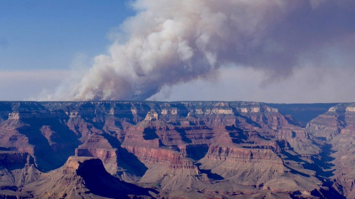 Columnas de fumaça sobre o desfiladeiro norte do Gran Cañón, em Arizona, vistas da zona sul, em 11 de julho de 2025. (Foto: M. Quinn / REUTERS)