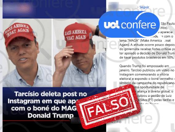 Tarcísio de Freitas mantém vídeo com boné de slogan de Trump em suas redes sociais Post de Tarcísio de Freitas usando boné de Trump continua no ar (Foto: Arte/UOL sobre Reprodução/Instagram)