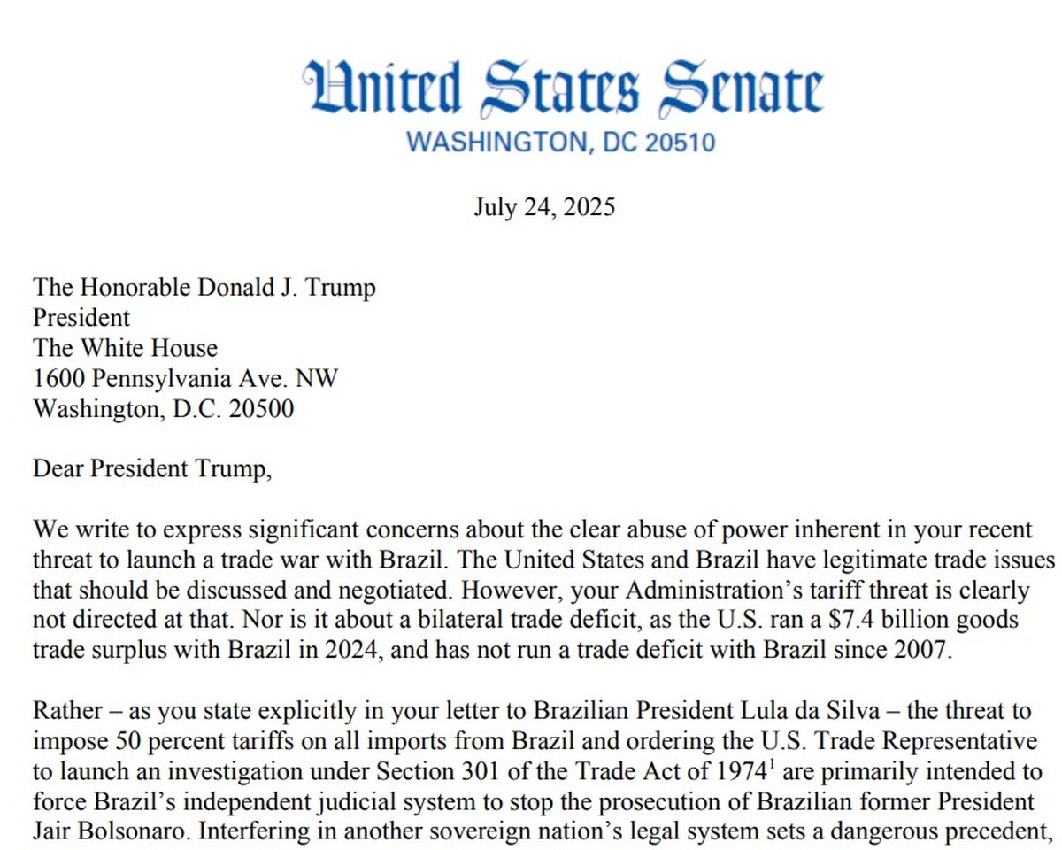 Democratas denunciam abuso de poder de Trump contra tarifas ao Brasil Senadores dos EUA enviam carta a Trump contestando tarifas impostas ao Brasil (Foto: Reprodução)