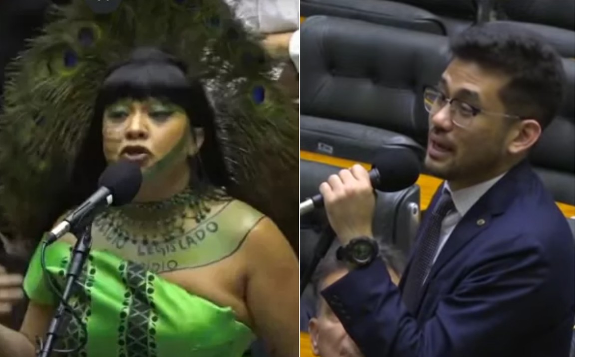 Célia Xakriabá e Kim Kataguiri discutem no plenário (Foto: Reprodução/TV Câmara)