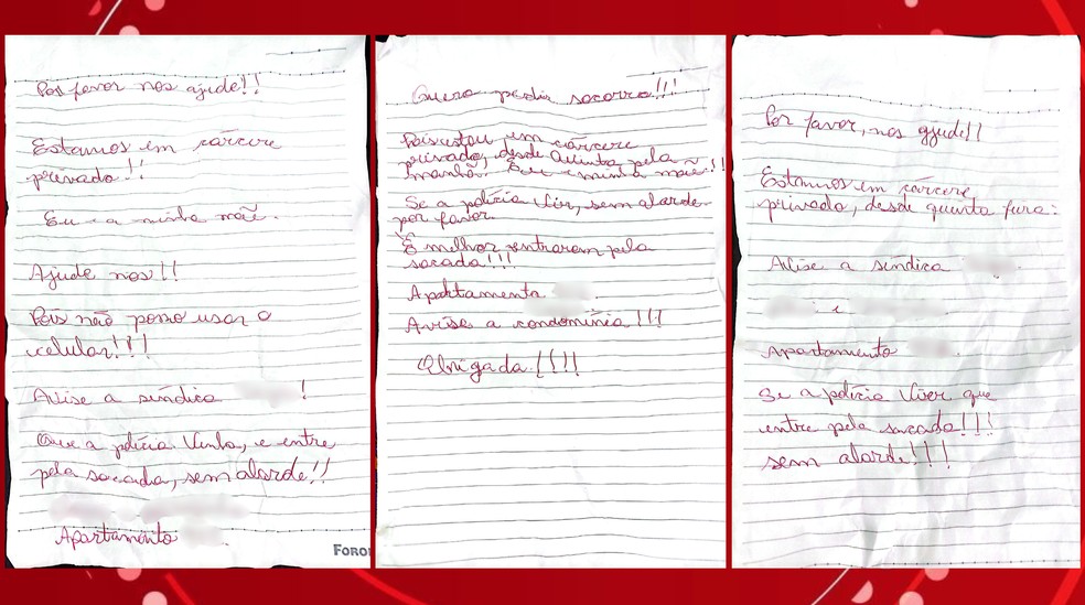 Mãe e filha pedem socorro com bilhetes e são resgatadas de cárcere privado Mãe e filha mantidas em cárcere no PR jogaram bilhetes pedindo ajuda pela sacada de apartamento (Foto: Reprodução)