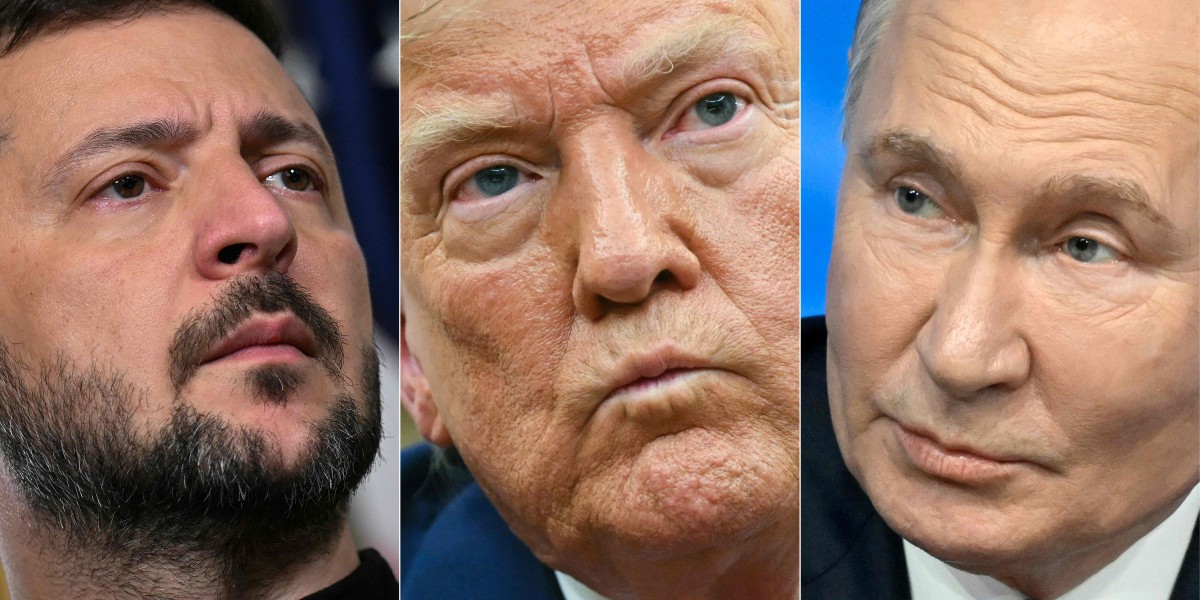 Presidentes Volodymyr Zelensky, da Ucrânia, Donald Trump, dos EUA, e Vladimir Putin, da Rússia — Foto: AFP
