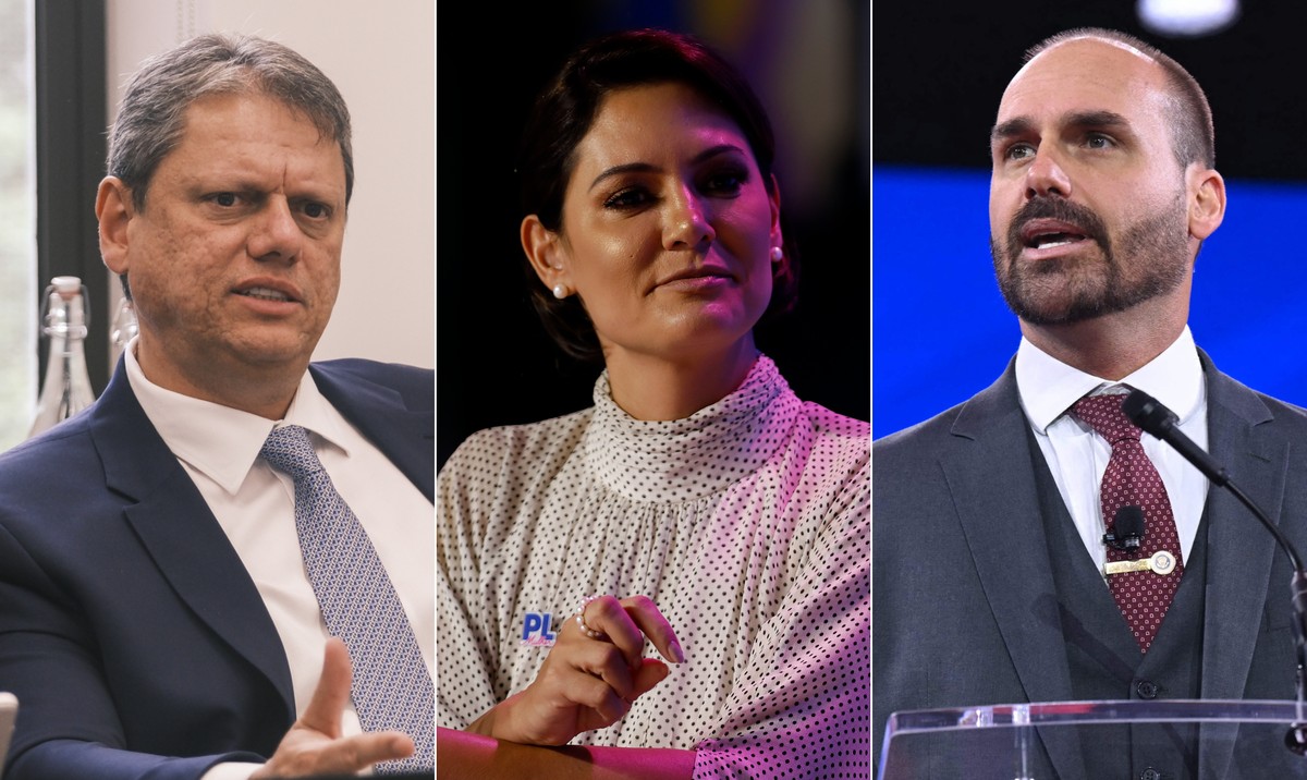 Um terço dos bolsonaristas prefere Michelle a Bolsonaro em nova pesquisa Governador de São Paulo, Tarcísio de Freitas (Republicanos), a ex-primeira-dama Michelle Bolsonaro (PL) e o deputado federal licenciado Eduardo Bolsonaro (PL-SP) (Foto: Fotos de Vinicius Rosa/Governo do Estado de SP, Cristiano Mariz/O Globo e Saul Loeb/AFP)