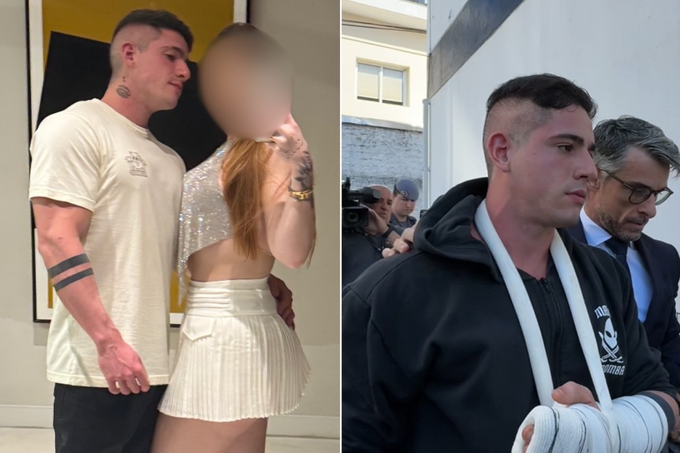 Fisiculturista foi preso após quebrar a mão espancando namorada médica, no bairro Moema, em São Paulo (SP) (Foto: Redes Sociais e Matheus Croce/TV Tribuna)