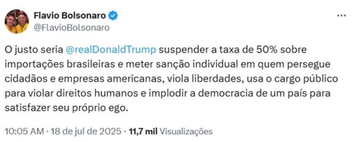 Flávio Bolsonaro sugere troca de tarifas por sanções, mas apaga mensagem rapidamente Flavio Bolsonaro diz que seria 'justo' Donald Trump suspender tarifaço (Foto: Reprodução)