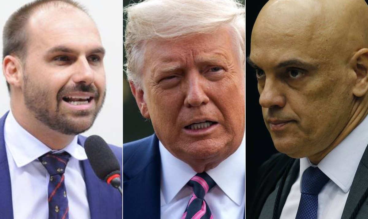 Trump complica estratégia de bolsonaristas contra o STF com tarifaço Eduardo Bolsonaro (à esquerda) articula sanções do governo Trump contra o ministro do STF Alexandre de Moraes (à direita) (Foto: Gilmar Felix/Agência O Globo; Saul Loeb/AFP e Jorge William/Agência O Globo)
