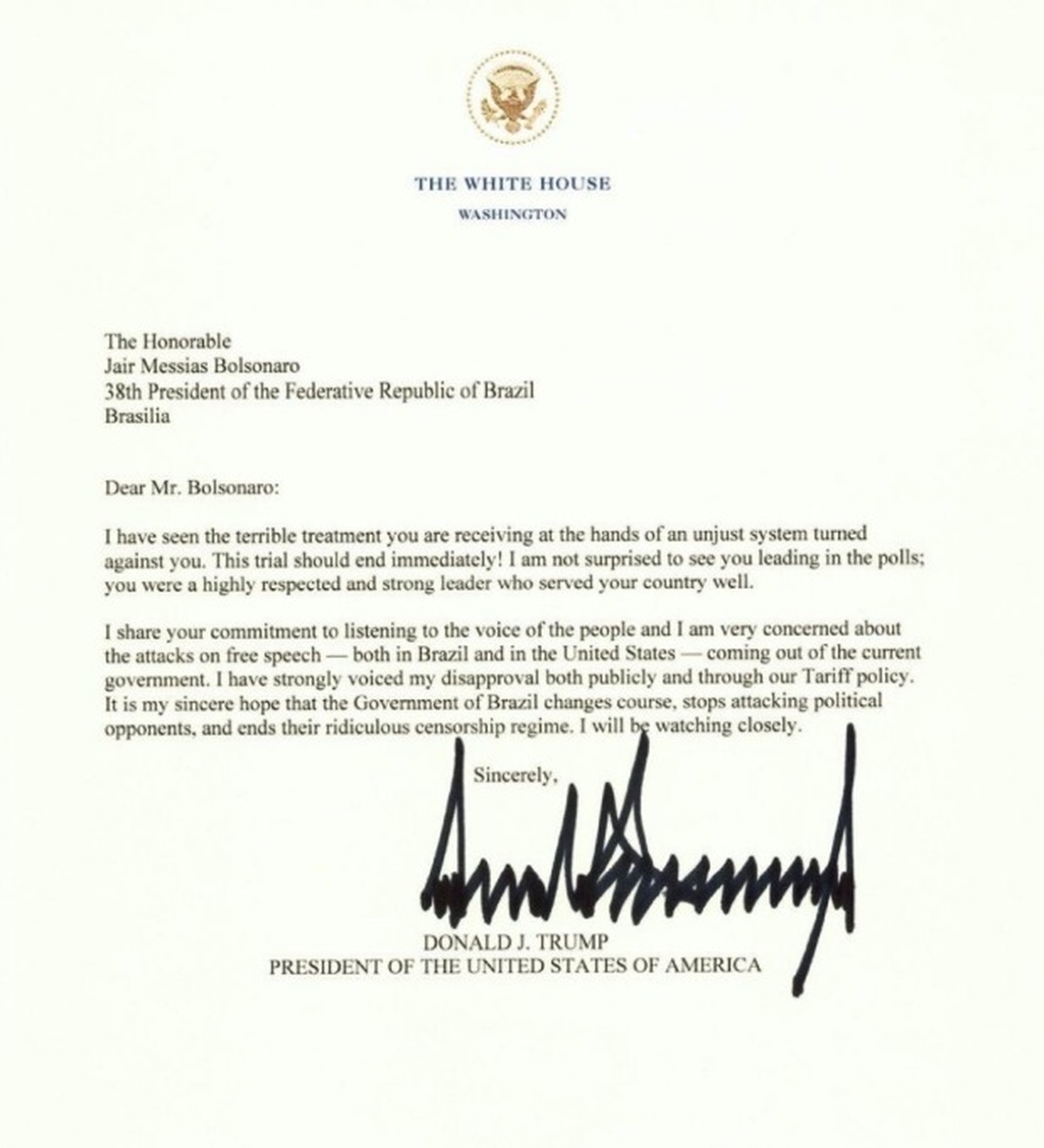 Trump critica STF em carta enviada a Bolsonaro e reafirma apoio ao ex-presidente Donald Trump volta a criticar o STF em carta endereçada ao ex-presidente Jair Bolsonaro (Foto: Reprodução)