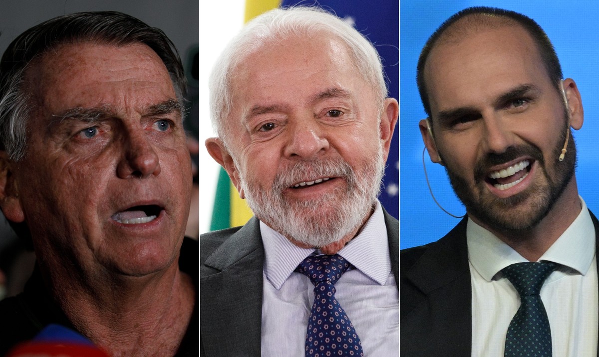 Lulistas atribuem maior responsabilidade a Eduardo pelo aumento das tarifas Da esquerda para a direita: o ex-presidente Jair Bolsonaro (PL), o presidente Luiz Inácio Lula da Silva (PT) e o deputado federal Eduardo Bolsonaro (PL-SP), cotado como 'plano B' do clã para 2026 — Foto: Fotos de Brenno Carvalho/O Globo e Juan Mabromata/AFP